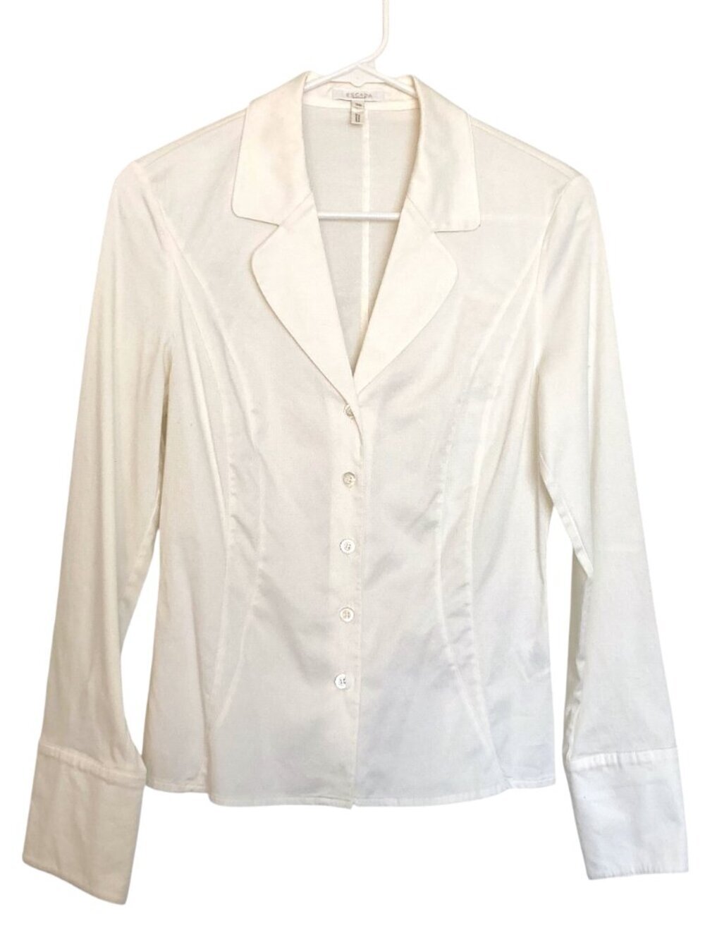 ESCADA Seamed Stretch Cotton Blouse Lapel Collar 3-Button Cuffs Size 6 Ivory
